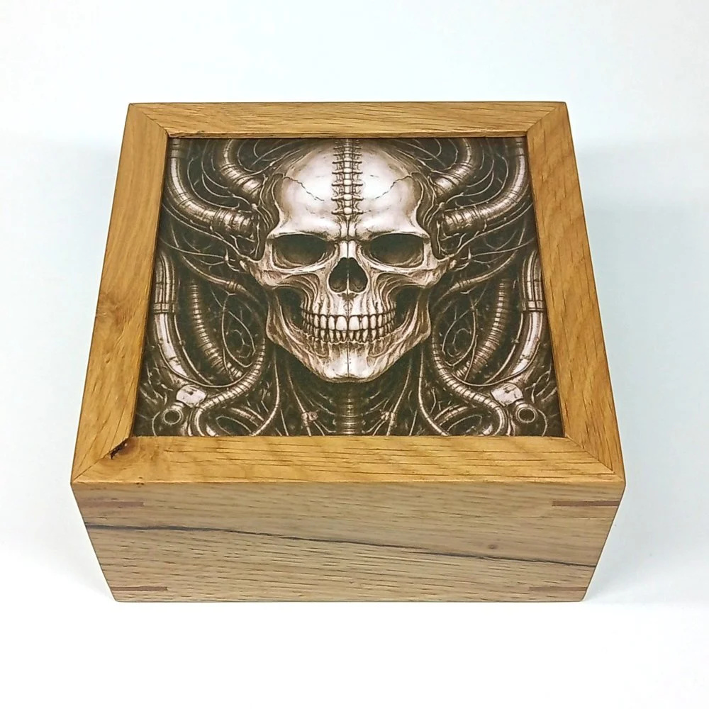 Handcrafted Oak Keepsake Box with Giger-Inspired Skull Lid