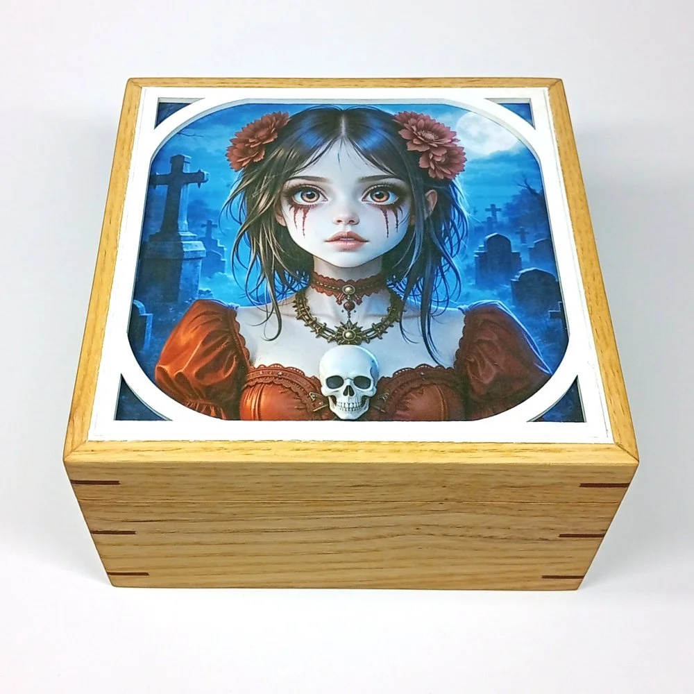 Handcrafted Ash Keepsake Box with Gothic Art Lid