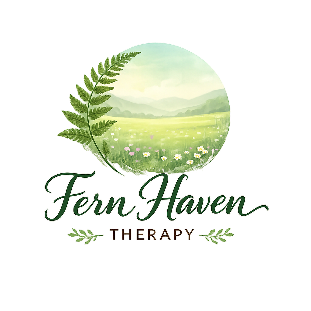 Fern Haven Therapy logo. Field of flowers, mountains in the distance, a fern curving around and enclosing the image.