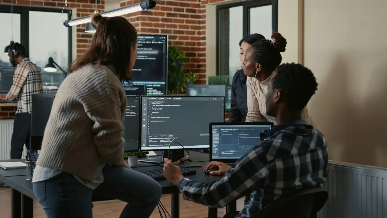 Group of four people collaborating in an office with computers and multiple monitors, some coding on screens, brick wall background, and another person working at a desk in the background.