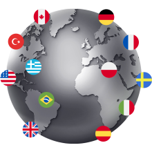 A world map with flags of various countries around it.