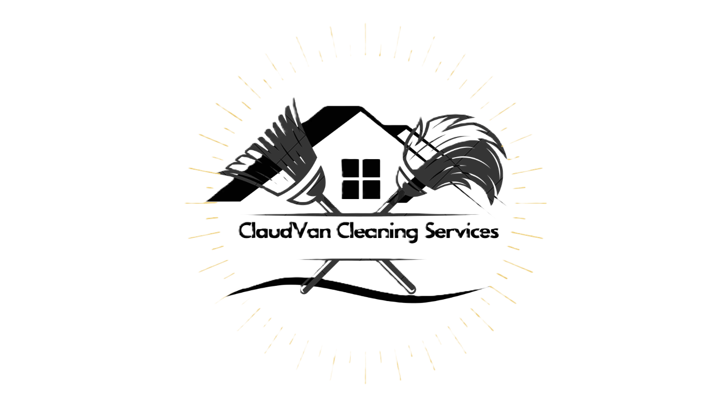 A black and white logo for Cloud Van Cleaning Services featuring a house with windows, two brooms crossed behind it, and the company name below.