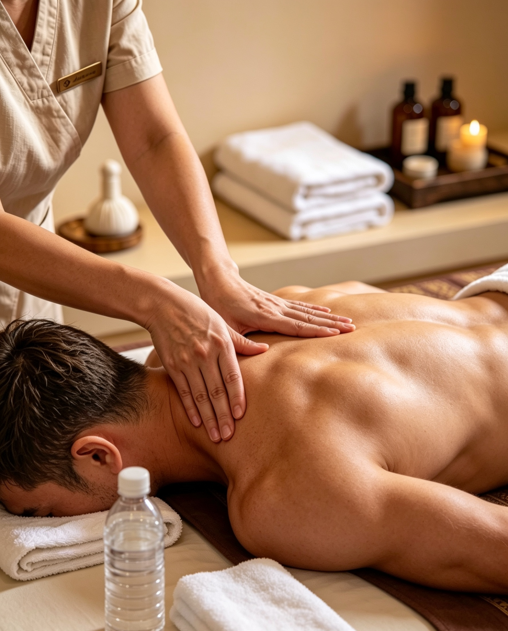 A man lying face down on a massage table receiving a deep tissue massage.