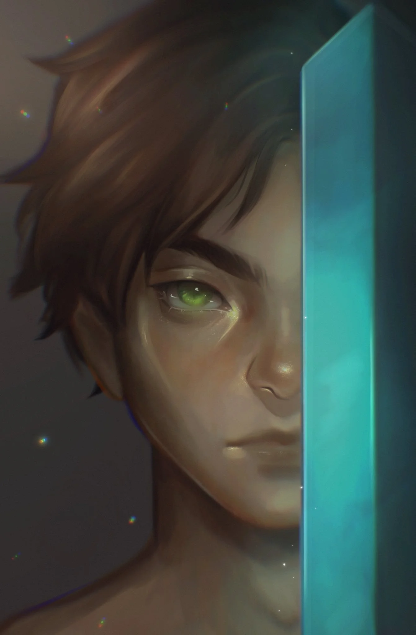 A digital painting of a young person with short brown hair, green eyes, and a subtle smile, peering from behind a glowing blue rectangular object.