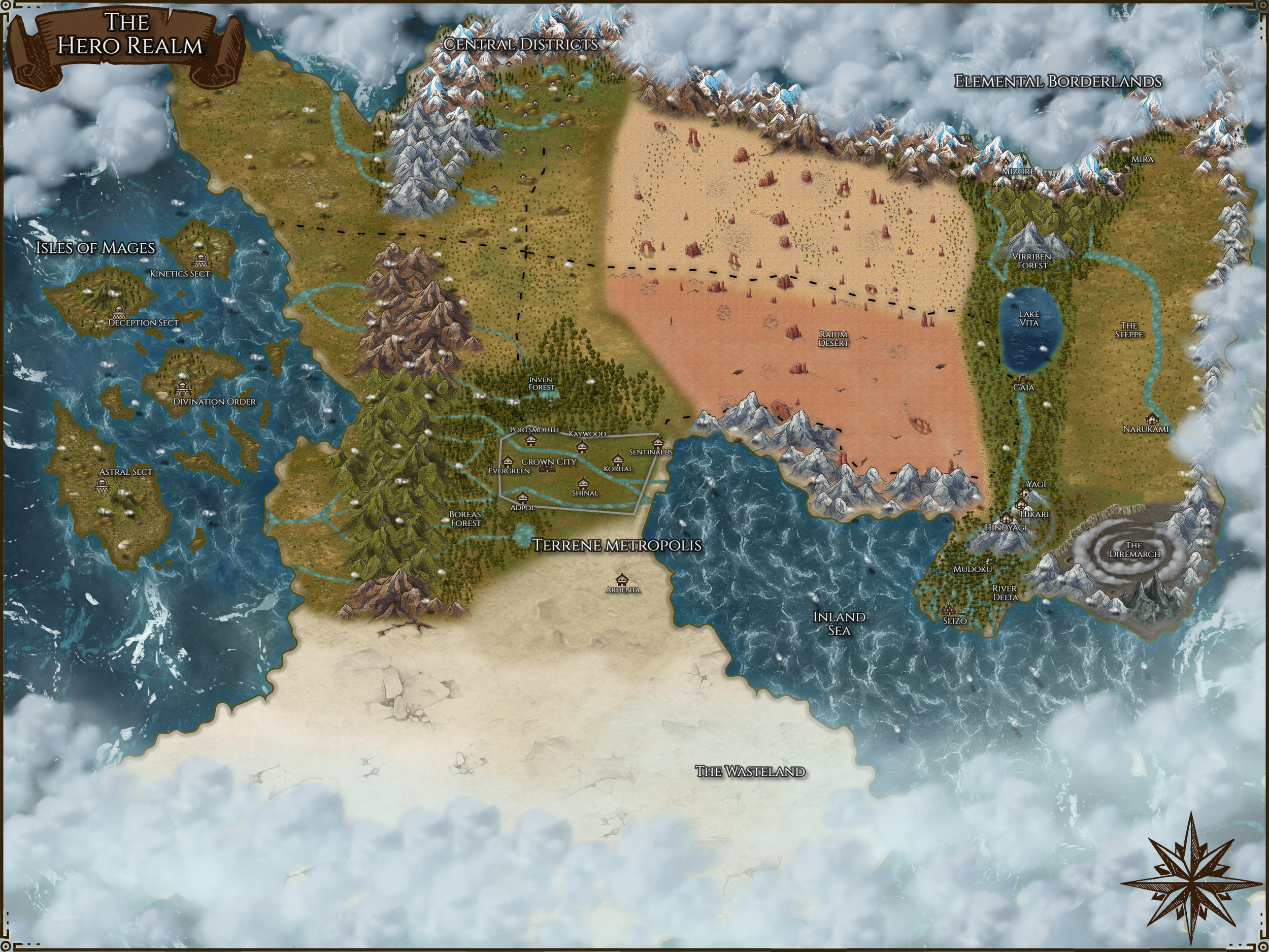 A detailed fantasy map of the Hero Realm, showing regions like the Central Districts, Elemental Borderlands, Inven Forest, Terrene Metropolis, and surrounding areas including islands, deserts, forests, mountains, and bodies of water.