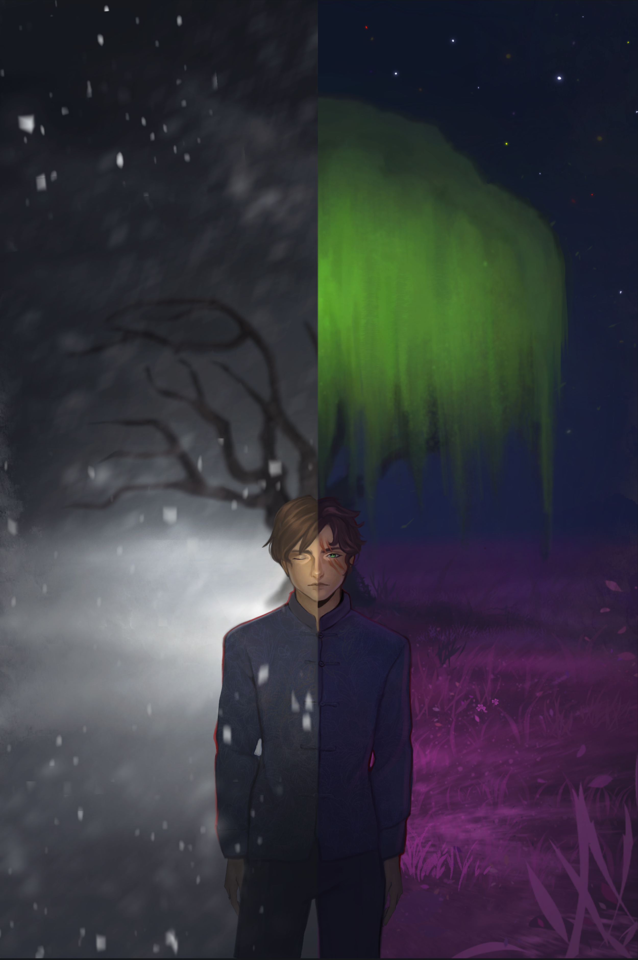 A digital illustration split into two contrasting scenes. On the left, a snowy, dark winter night with a leafless tree and falling snow. On the right, a vibrant, starry night with a green aurora above purple grass. In the center, a young man with brown hair and half of his face in shadow, wearing a dark traditional-style jacket.