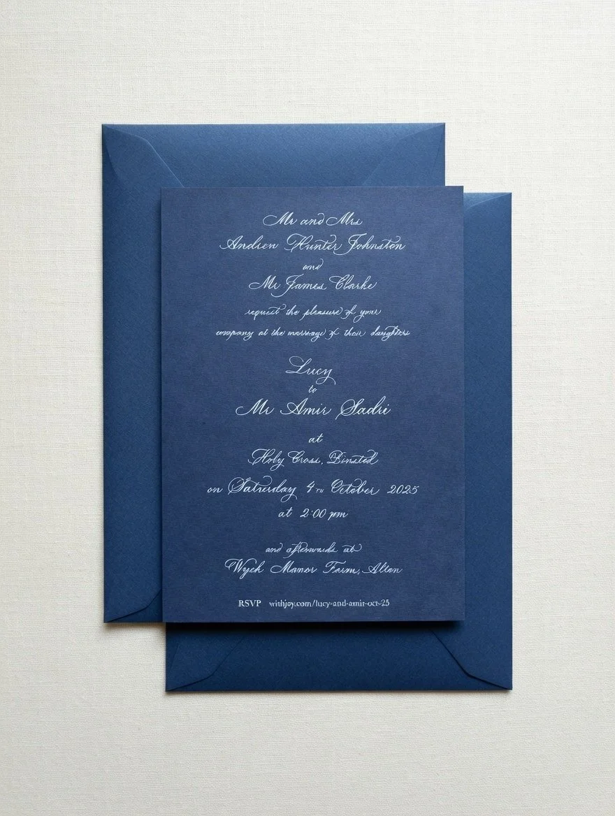 Blue wedding invitation card with elegant white script text, placed inside a matching blue envelope on a white background.