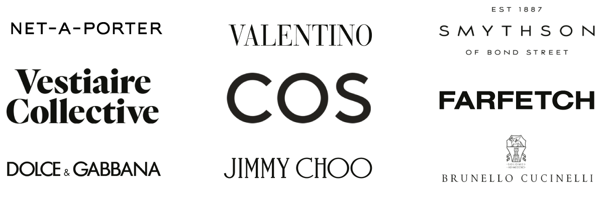 A collection of various fashion brand logos, including Valentino, COS, Valentino, Smythson, Farfetch, Dolce & Gabbana, Jimmy Choo, Brunello Cucinelli, and Vestiaire Collective.
