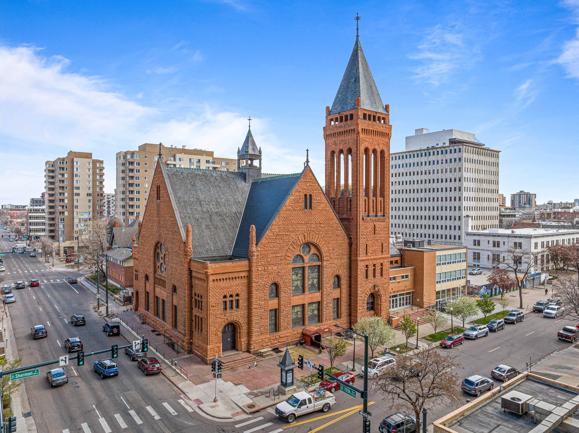 Drone shot of church in Denver