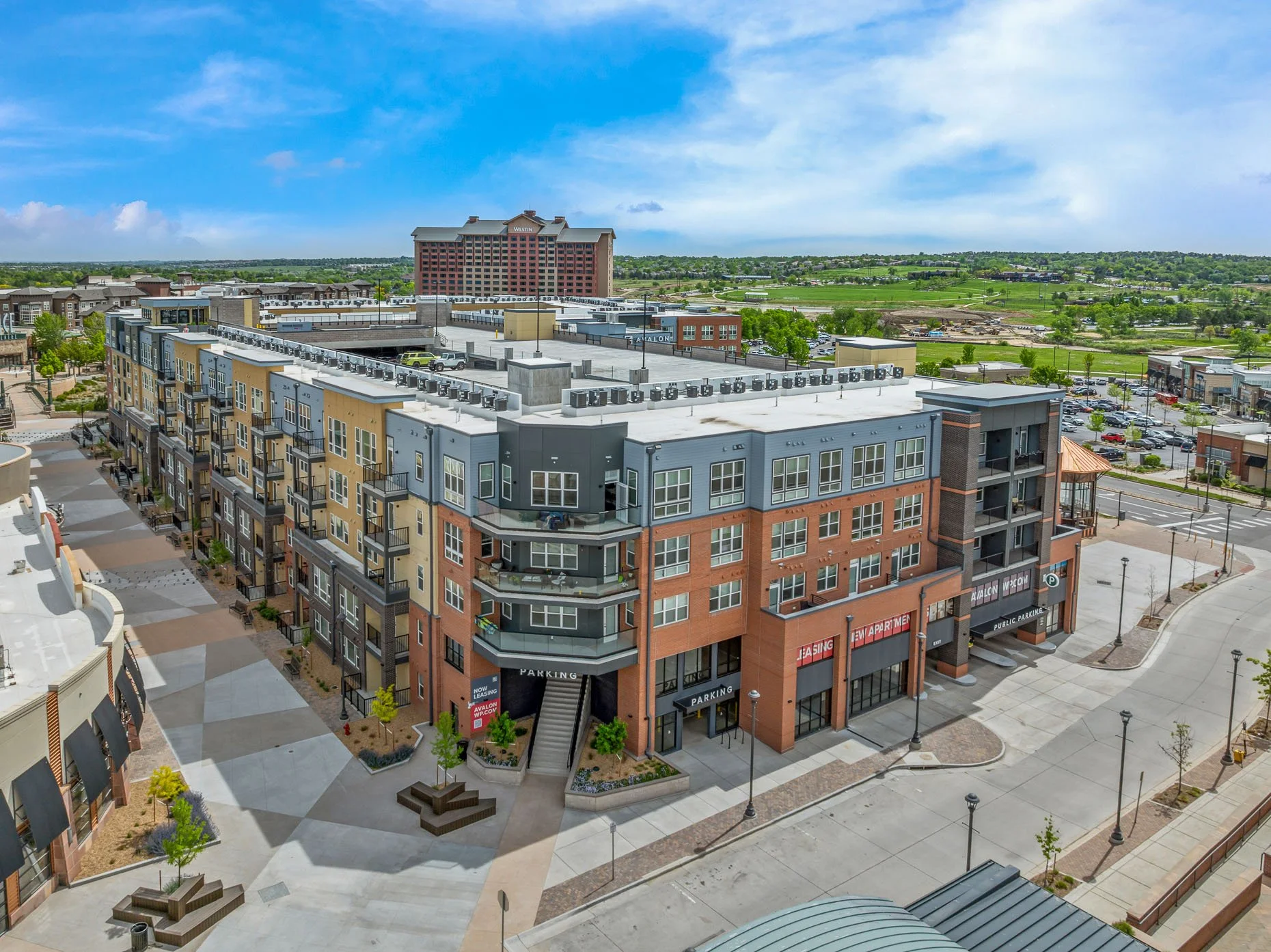 Drone shot of multi-family apartments AVA RiNo exterior