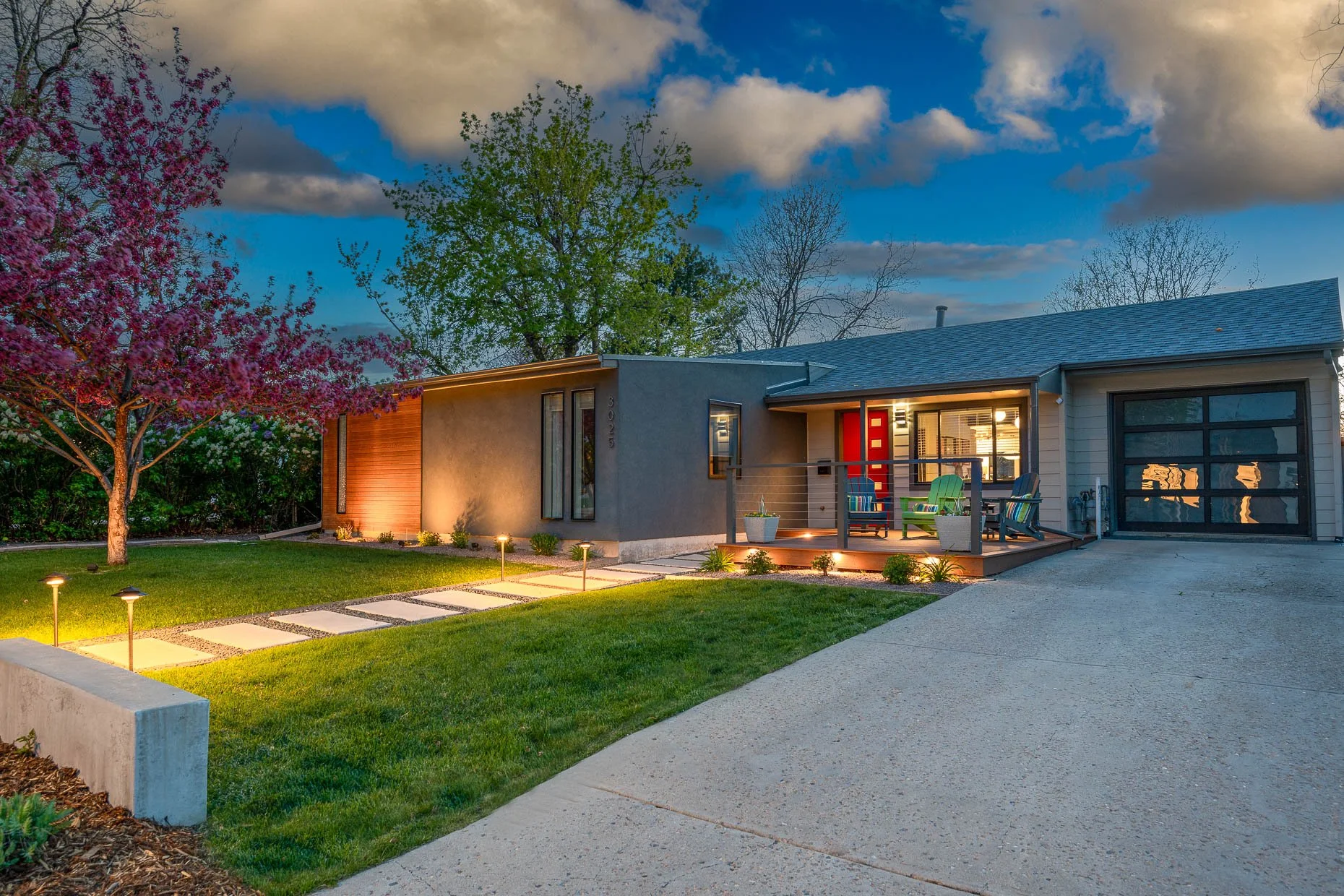Stunning dusk exterior of mid-century modern home for sale in Denver. (Copy)