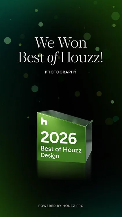 A dark green background with circles, featuring the text "We Won Best of Houzz! Photography," and a green award icon reading "2026 Best of Houzz Design," powered by Houzz Pro.
