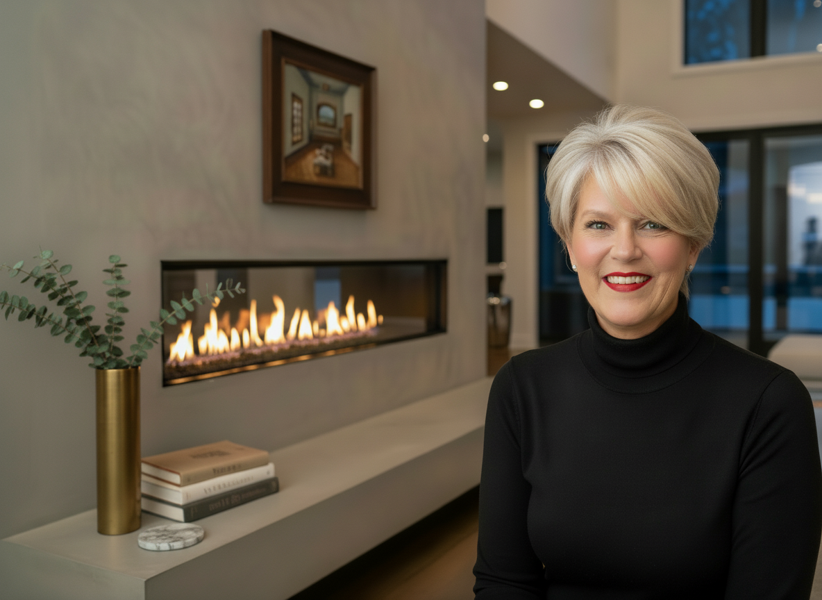 Teri Fotheringham sitting in front of a fireplace.