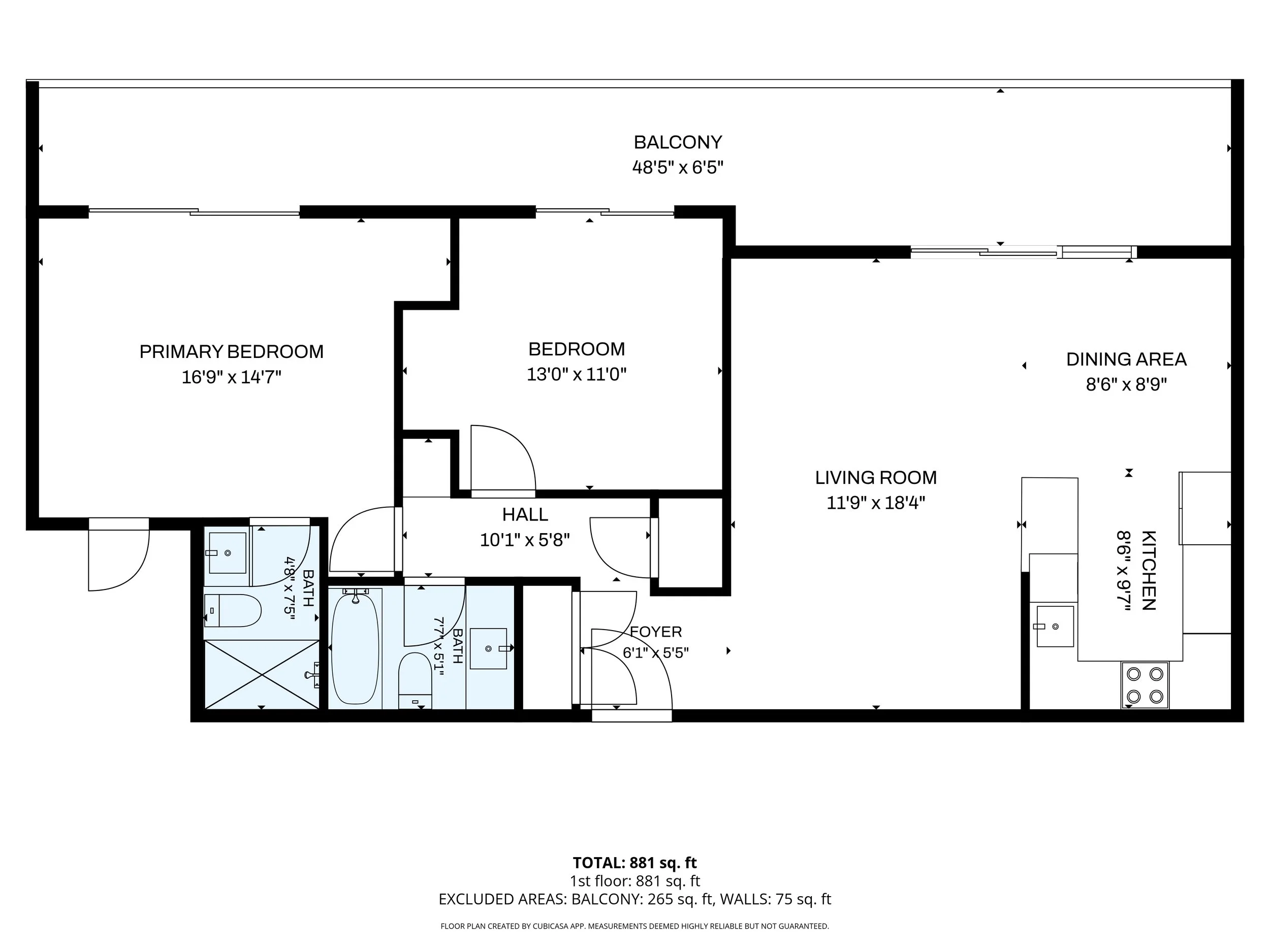 Floor plan of a residential apartment featuring a balcony, primary bedroom, bedroom, living room, kitchen, hall, foyer, and two bathrooms, with room dimensions labeled.