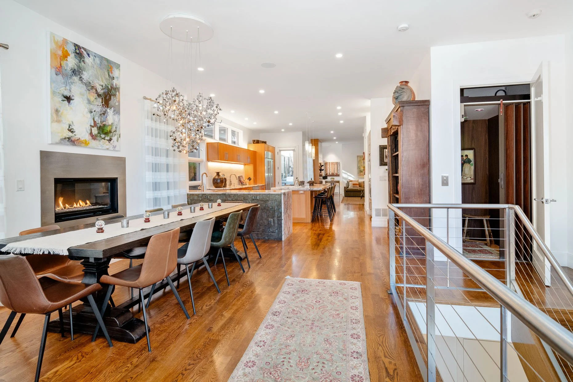 Dining room with fireplace in amazing townhouse in Cherry Creek North