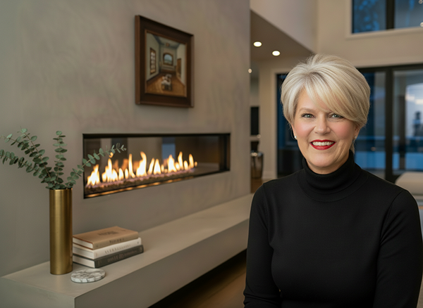 Woman sitting next to fireplace with turtleneck, black sweater on with blonde hair