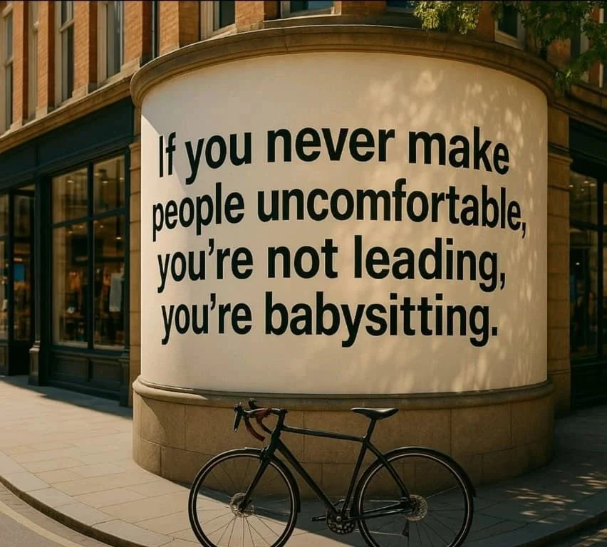Street art quote in black text: 'If you never make people uncomfortable, you're not leading, you're babysitting.' A black bicycle is parked against the wall, and the corner of a building with large windows and brick facade is visible.