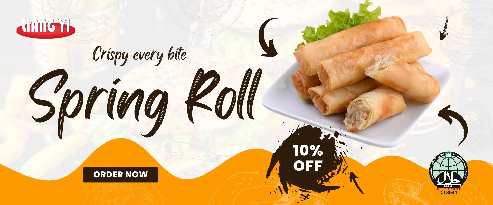 Plate of spring rolls with lettuce at the top, over a background with promotional text for crispy spring rolls, a discount offer, and a call to action to order now.