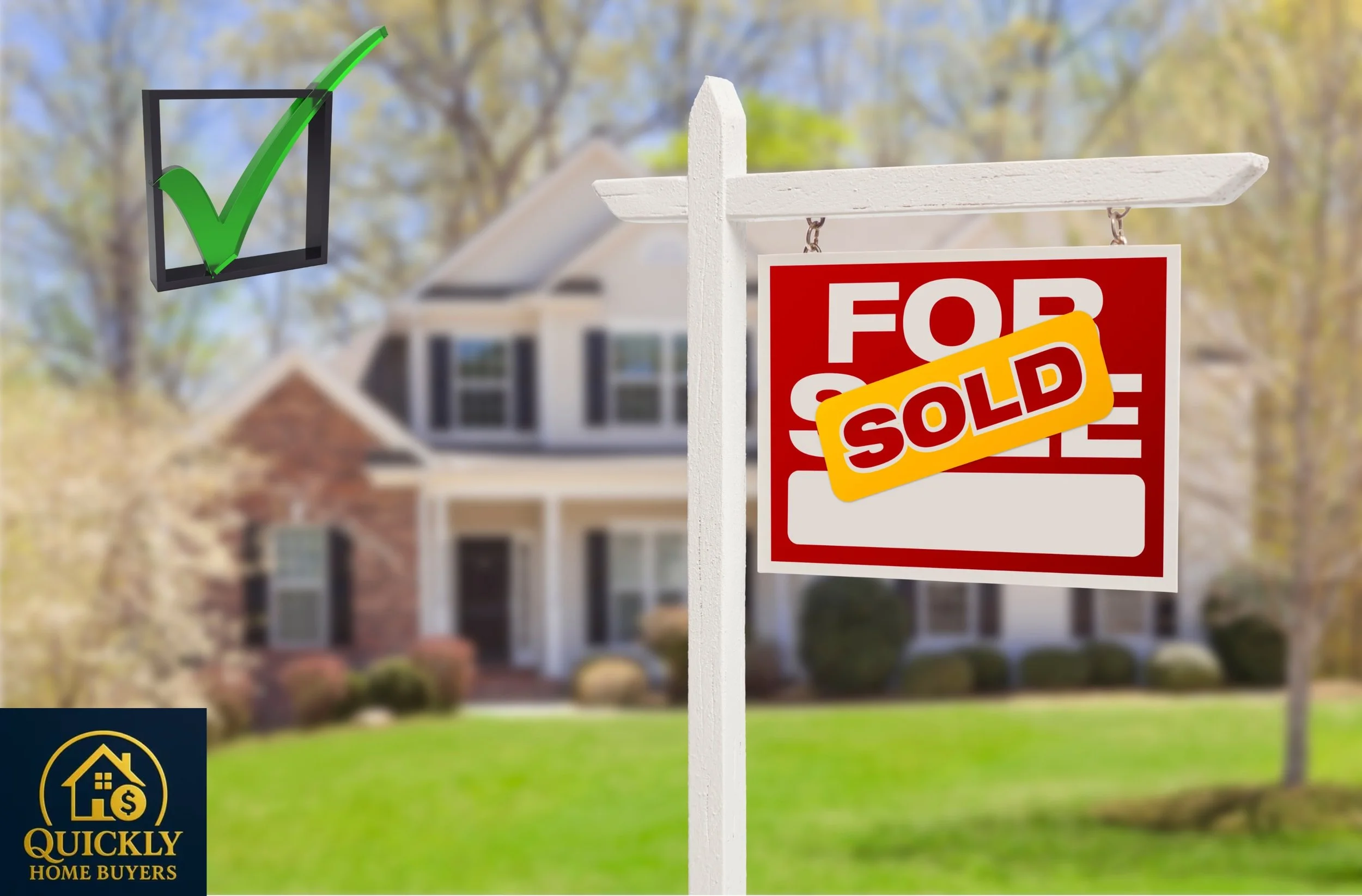 A house with a 'sold' sign in the yard, replacing a 'for sale' sign, and a green checkmark icon in the sky.