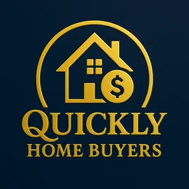 Logo for Quickly Home Buyers featuring a yellow house with a dollar sign inside a circle on a dark background. The text "QUICKLY HOME BUYERS" is displayed below.