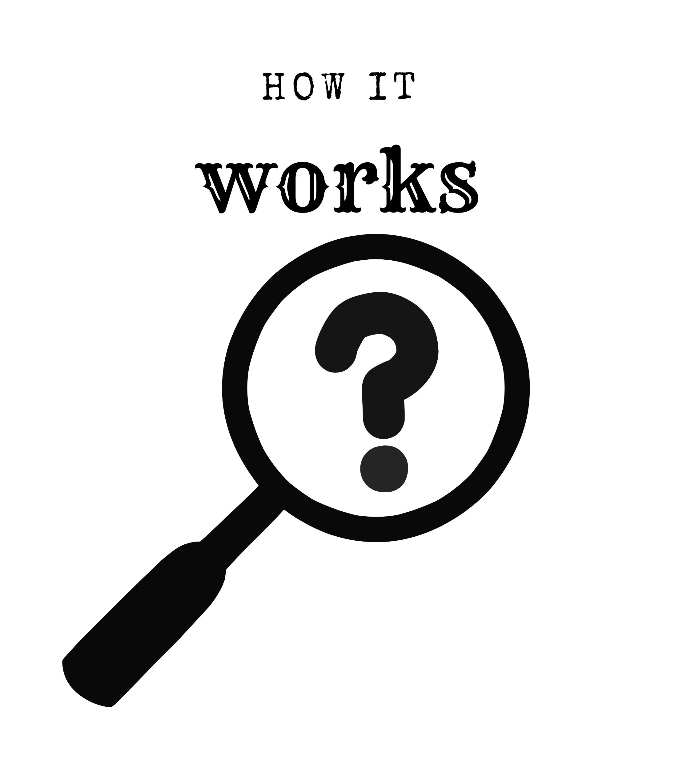 Black and white illustration of a magnifying glass with a question mark inside, above the words "How It Works".