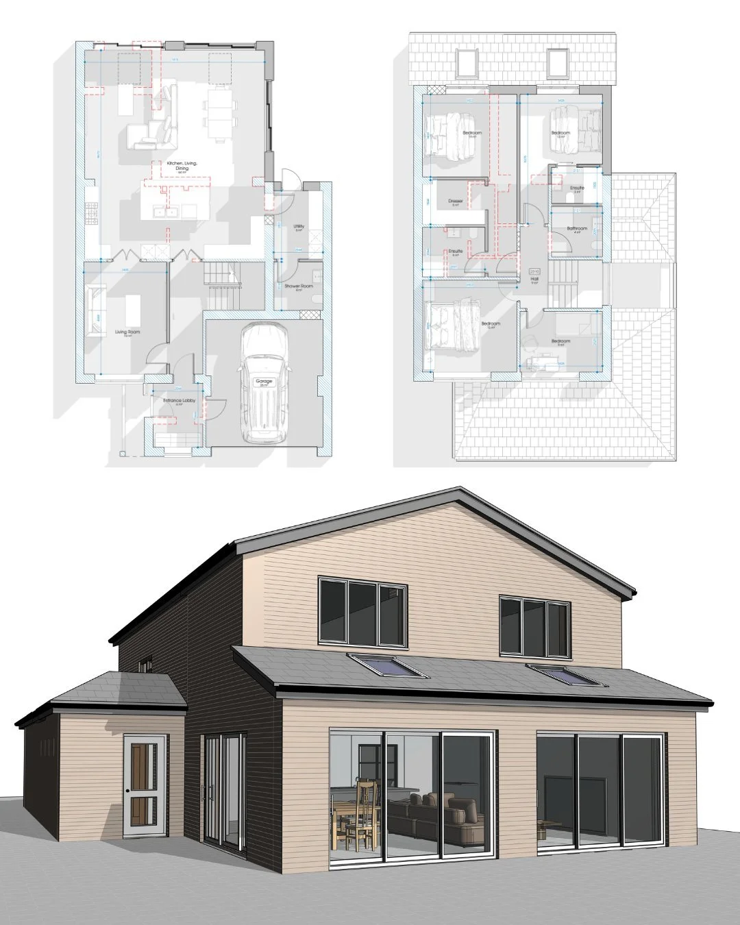 From concept to clarity.

This scheme brings together floor plans and a 3D model to clearly communicate both layout and form:
&bull; Open-plan kitchen, living &amp; dining to the rear
&bull; Improved connection to the garden with large glazing
&bull;