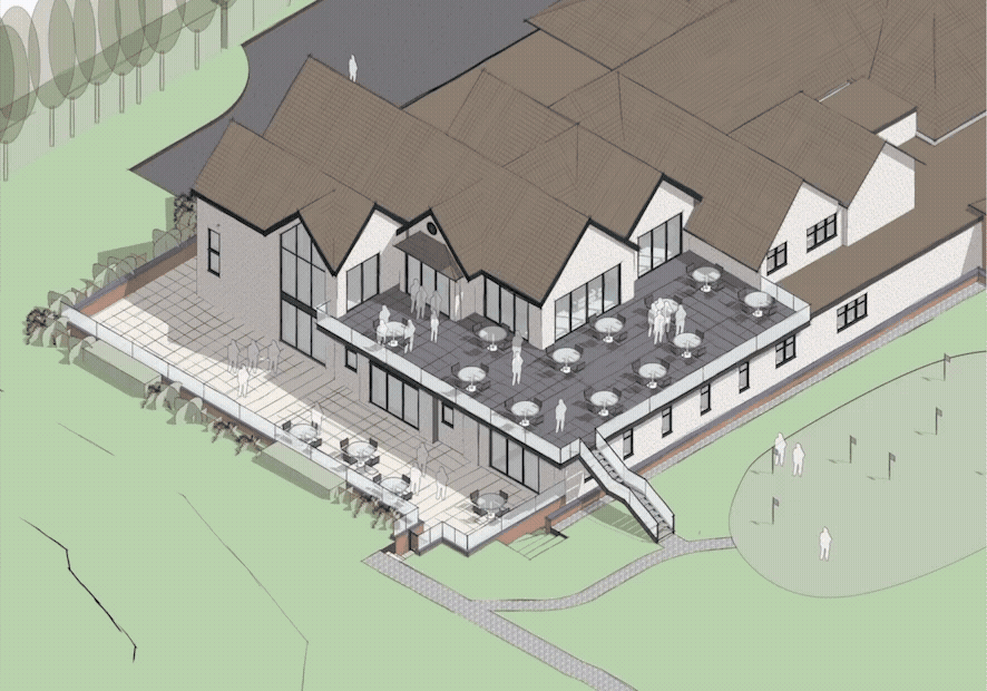 A 3D architectural drawing of a multi-level building with outdoor patio and surrounding landscaped area, featuring multiple tables with umbrellas, people, and trees.