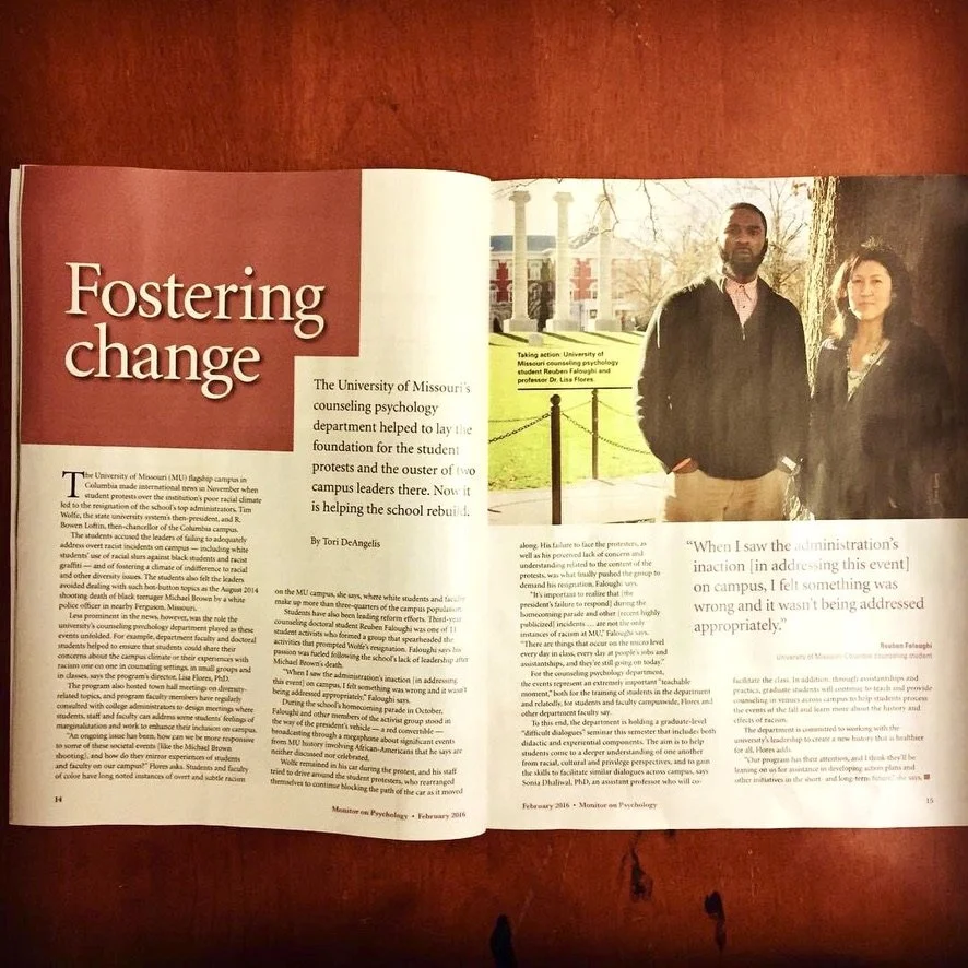 Open magazine spread with an article titled 'Fostering change' and a photo of two people standing outdoors near a university campus.