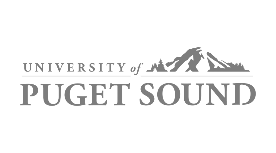The logo of the University of Puget Sound, featuring mountains and trees in gray.