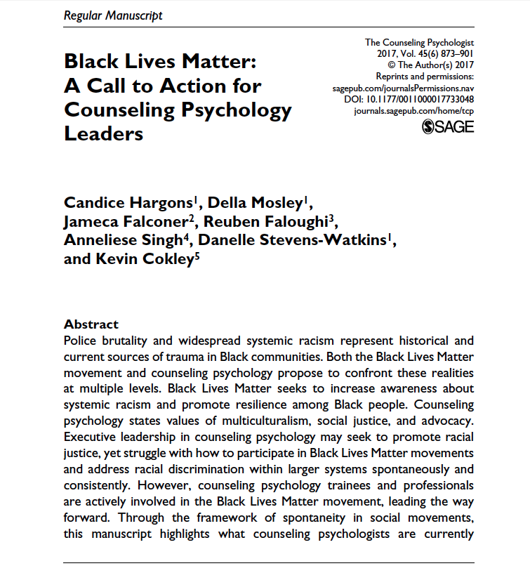 Cover page of an academic article titled "Black Lives Matter: A Call to Action for Counseling Psychology Leaders" from The Counseling Psychologist journal, 2017, by Candice Hargons and others. Includes author names, journal details, and an abstract d