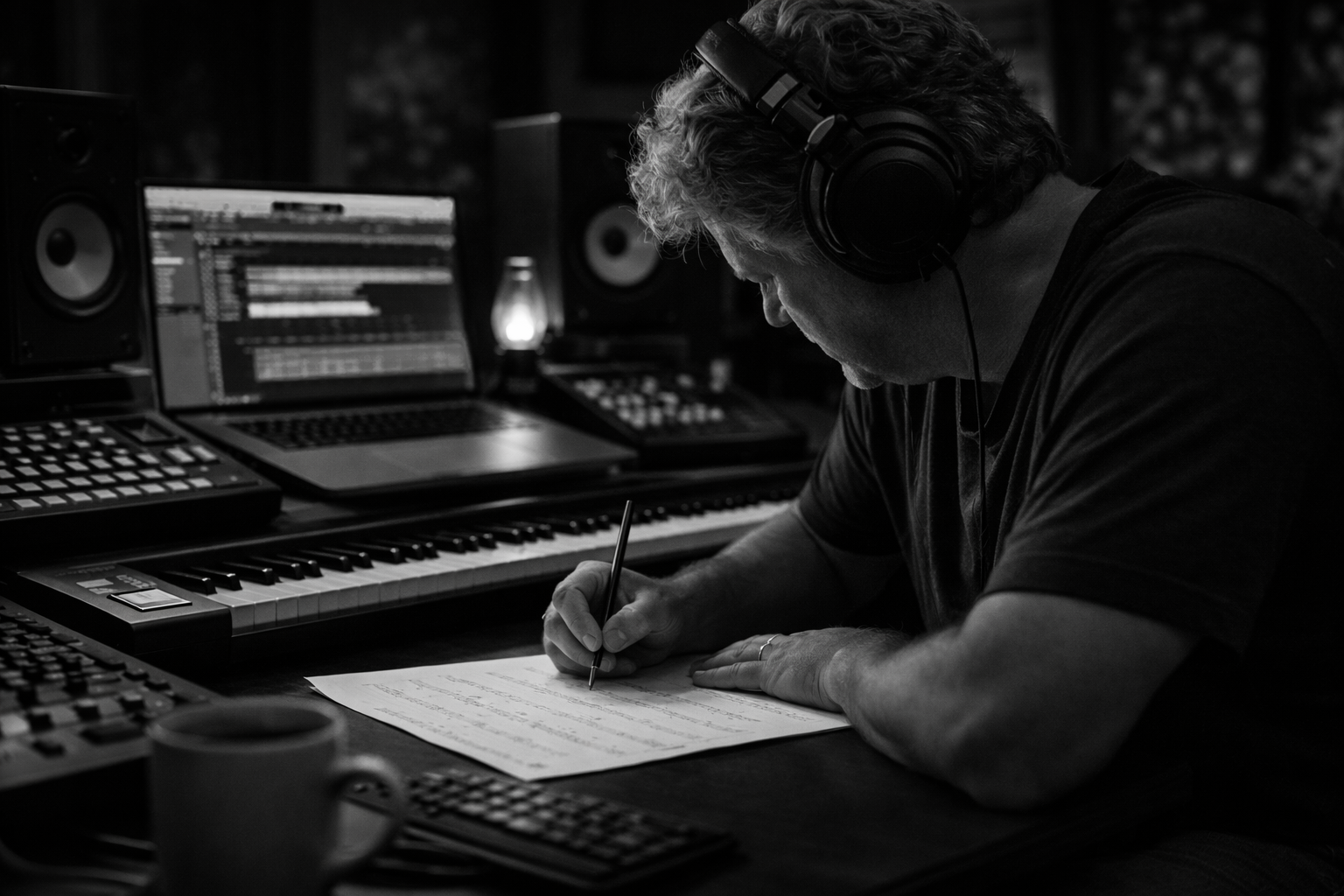 A person wearing headphones is writing music notes on sheet music at a computer workstation in a music studio.