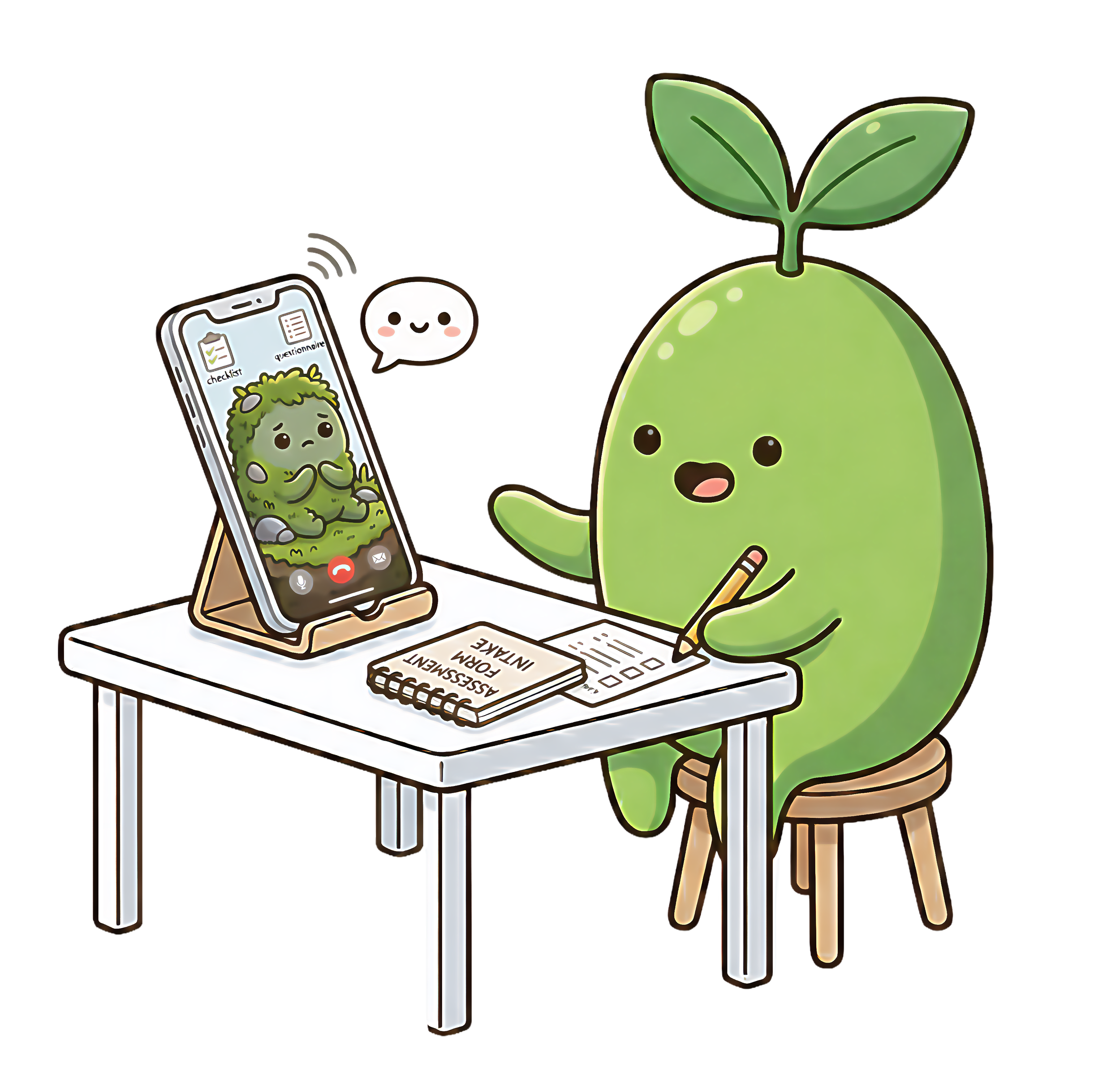 A cute cartoon green plant character sitting at a desk, talking on the phone and writing notes, with a small speech bubble containing a smiling face. The phone on the desk shows an image of a similar cute green plant character.