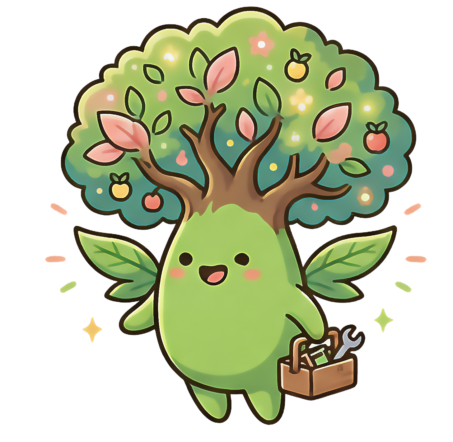 A cute cartoon tree character with a smiling face, rosy cheeks, and outstretched arms holding a toolbox with a wrench and hammer. The tree's foliage is shaped like a head with pink and yellow apples and leaves, and glowing sparkles surround it.