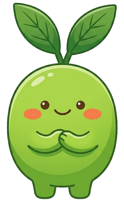 Cute green cartoon character with leaves on its head, smiling with blushing cheeks and hands clasped.