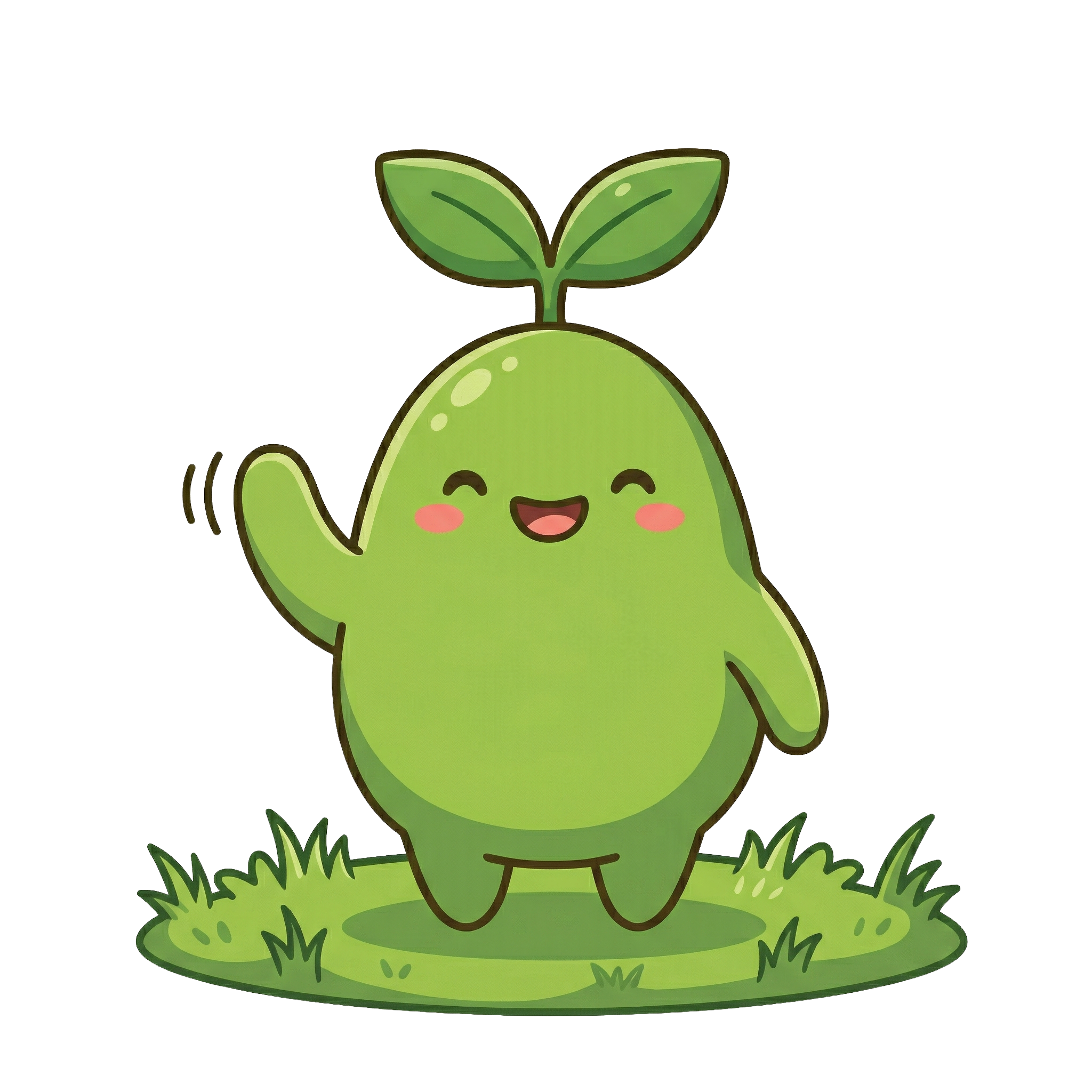 A cute cartoon character resembling a green sprout with a smiling face, rosy cheeks, and two leafy sprigs on top, standing on grass and waving.