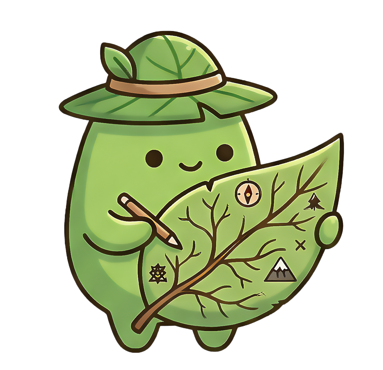 Cartoon character resembling a green leaf with a smiling face, wearing a leaf hat, holding a large leaf with travel icons like a compass, mountain, and pine tree drawn on it.