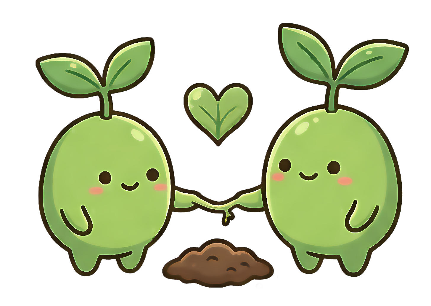 Cute cartoon of two sprouting plants with faces holding hands, with a small heart between them, a mound of soil below, and a watering can pouring water, all smiling and blushing.
