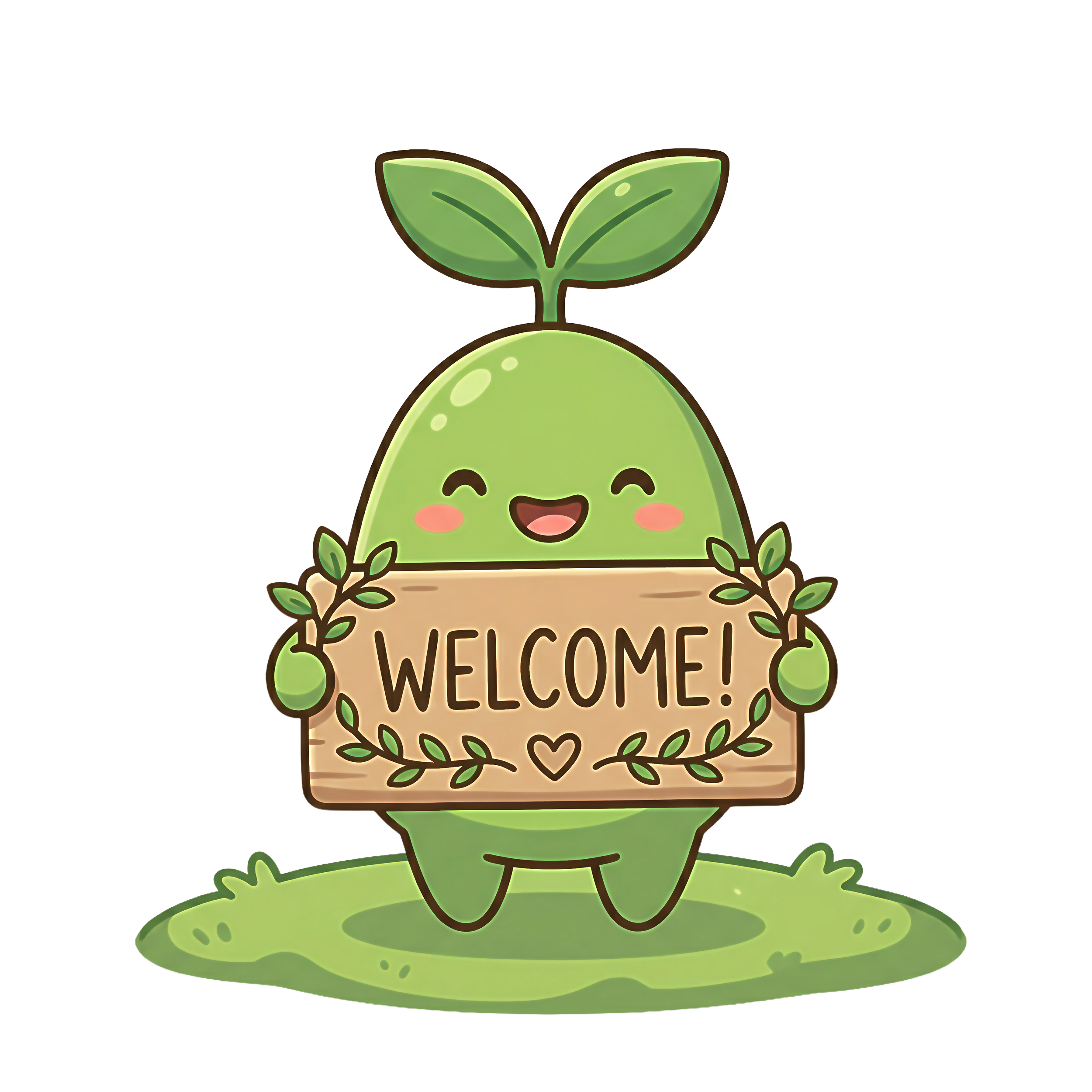 Cute green plant character holding a wooden sign that says "WELCOME!" with a small heart, standing on a grassy patch with a happy face and blush cheeks.