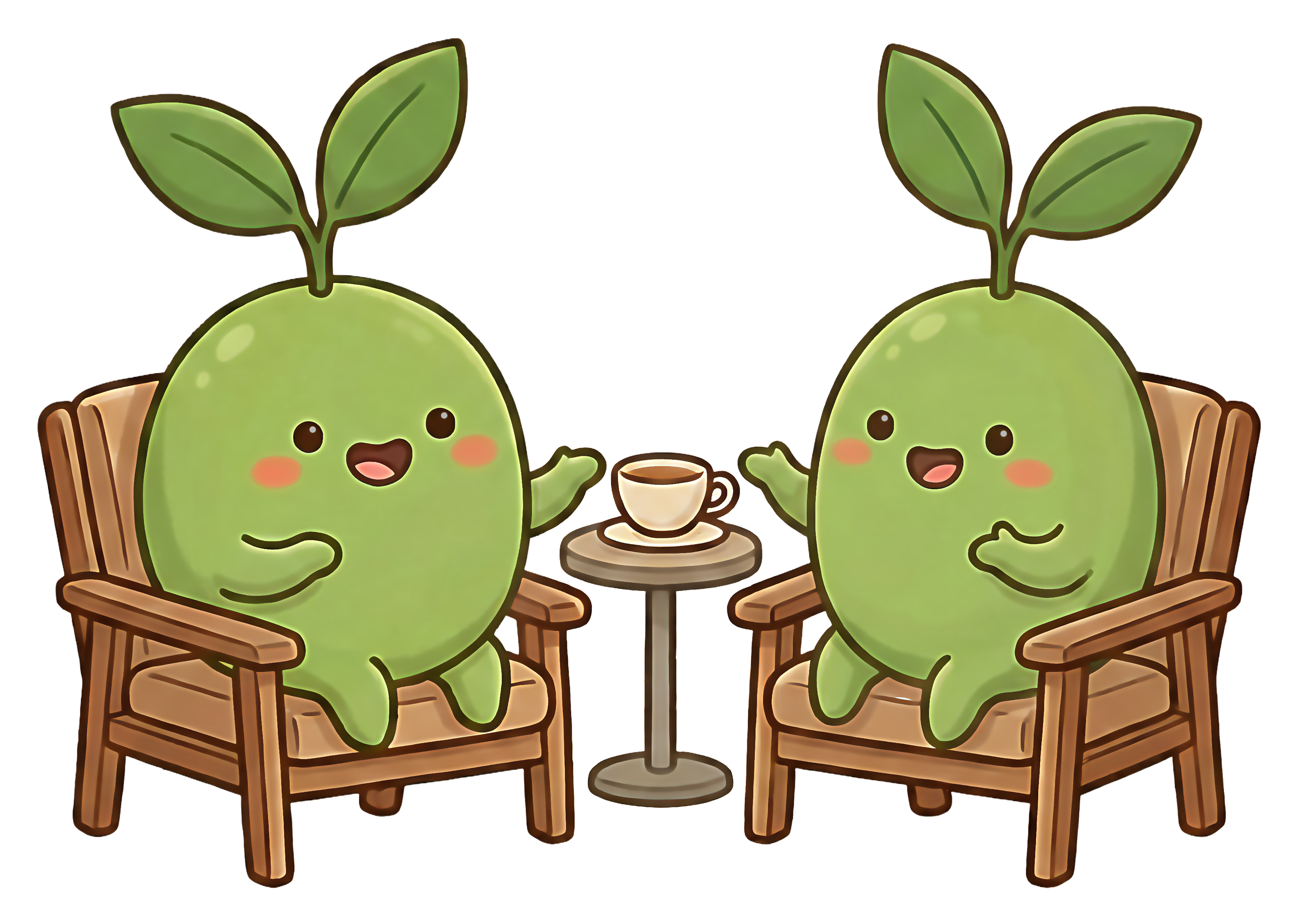 Cartoon illustration of two happy anthropomorphic green plant characters with sprouting leaves, sitting in wooden chairs facing each other, sharing a cup of coffee on a small round table.