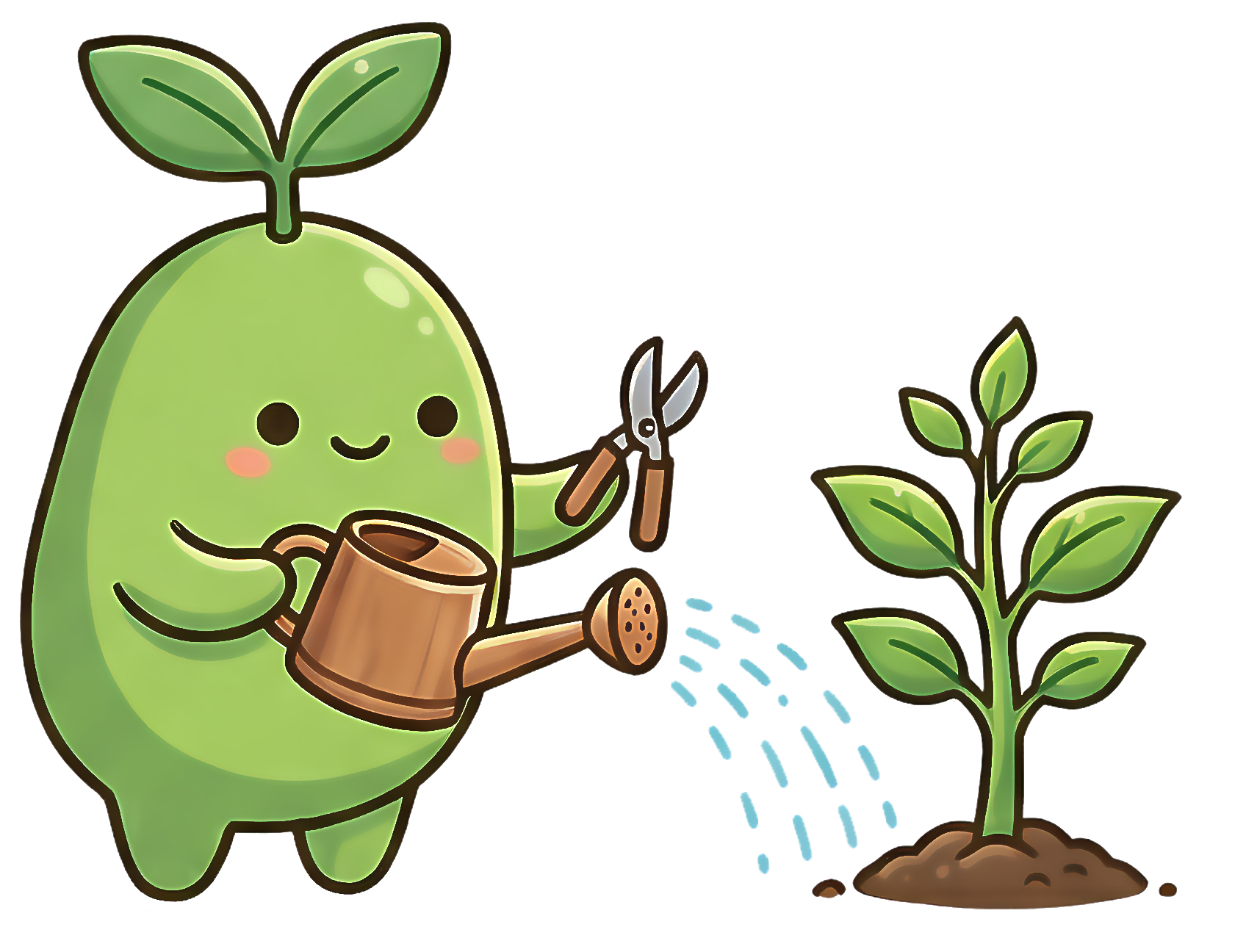 Cute green cartoon plant character watering a small plant with a watering can and holding gardening shears