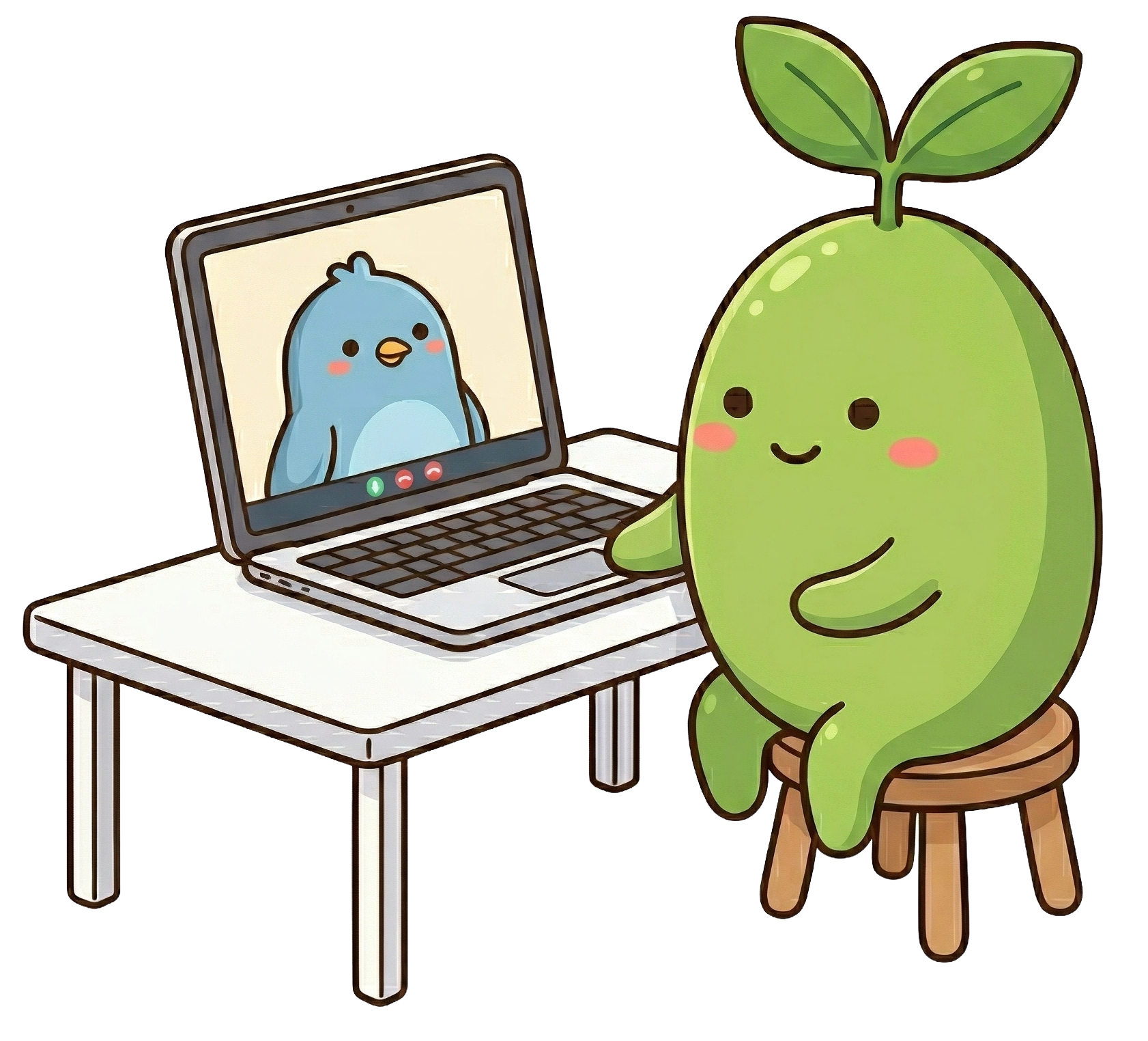 A cute cartoon green plant character sitting on a wooden stool, looking at a laptop on a white table. The laptop screen shows a blue bird with blushing cheeks, appearing to be in a video call.