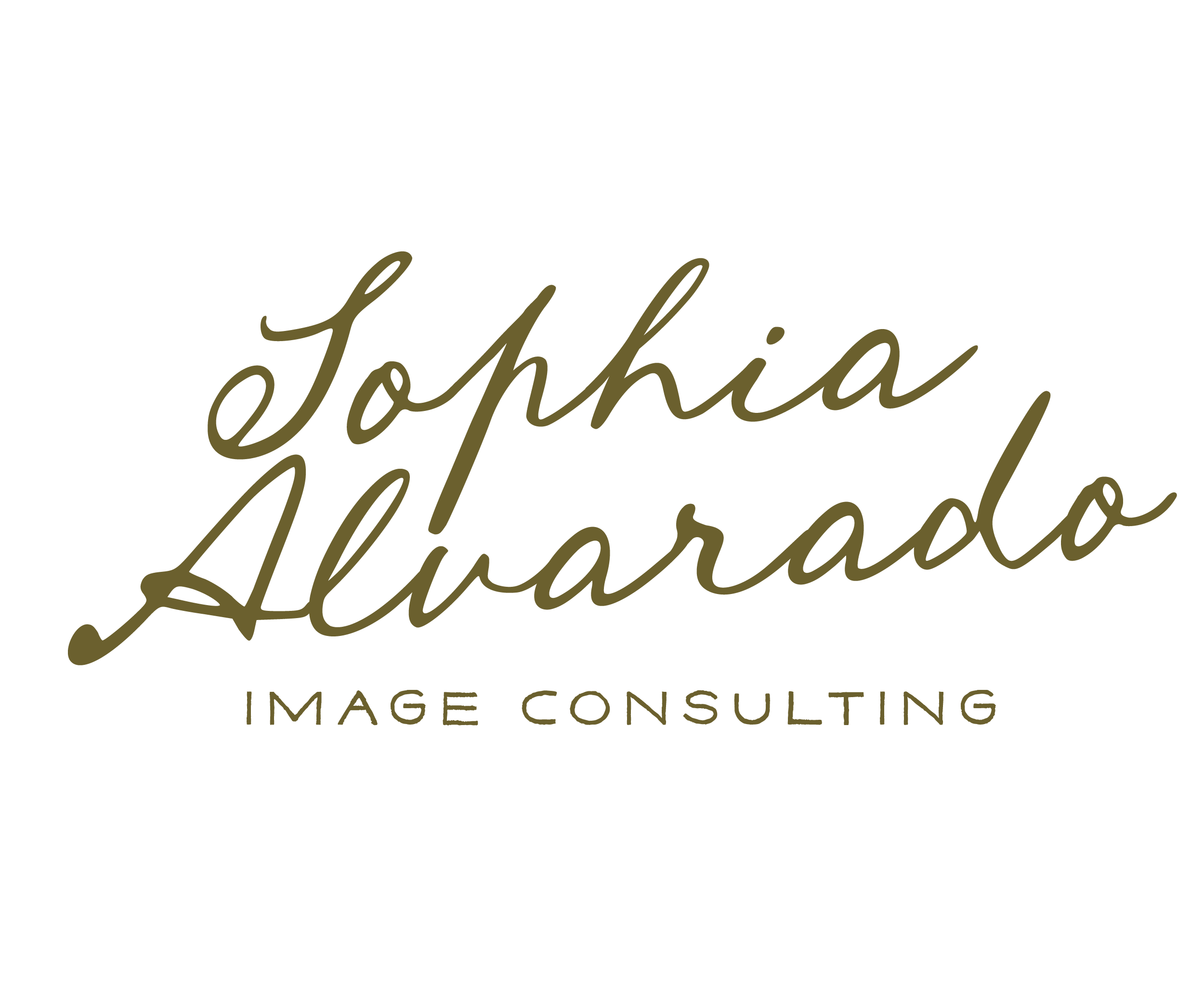 Graphic design with the name 'Sophia Alvarado' in cursive font and the words 'Image Consulting' in capital letters below in a smaller font, all on a black background.
