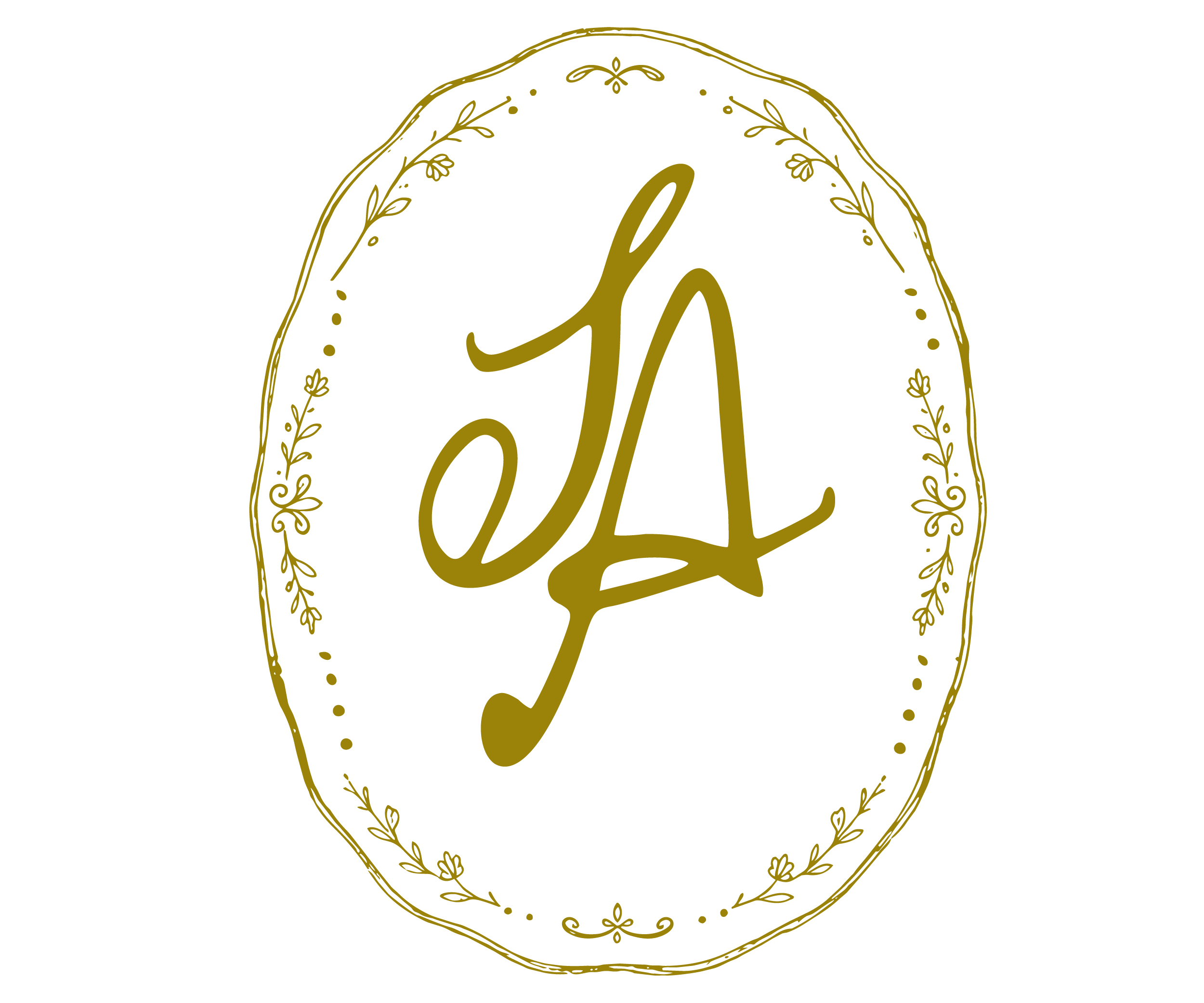 Gold ornate monogram with letters 'L' and 'A' surrounded by decorative floral border against black background.
