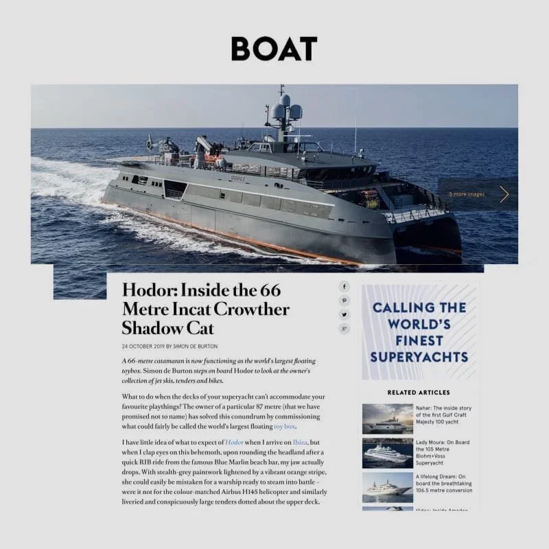 A large gray military-style ship moving on open water, with the title 'BOAT' at the top and an article about a 66-meter catamaran named Hodor.