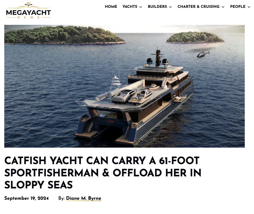 A luxury yacht on the water with two smaller boats on top, surrounded by the ocean and small islands in the background.