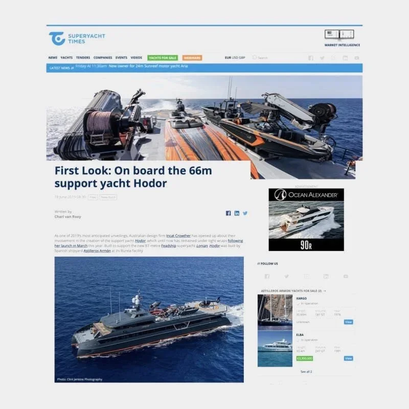 A website article featuring images of a large luxury yacht named Hodor, including a view from its deck and an aerial shot of the yacht sailing on the water.