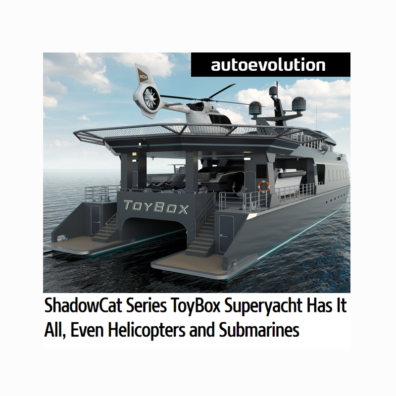 A large, modern toy superyacht named ToyBox on the water, featuring helicopter and drone docking pads, and submarine storage compartments, under a cloudy sky.