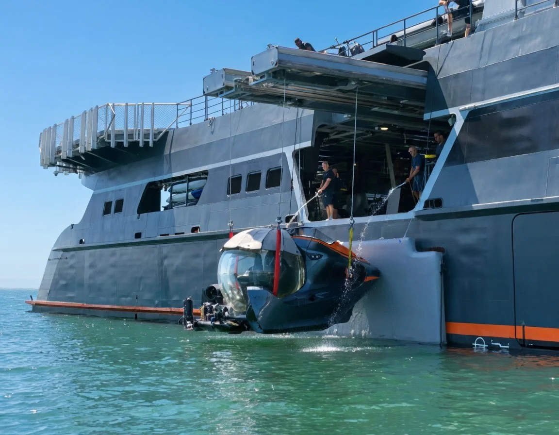 Submersible being launched from the side of a SHADOWCAT support yacht