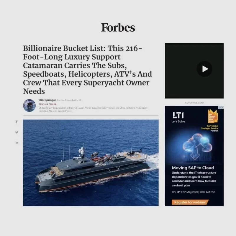 Forbes article titled 'Billionaire Bucket List: This 216-Foot-Long Luxury Support Catamaran Carries The Subs, Speedboats, Helicopters, ATV's And Crew That Every Superyacht Owner Needs'. The article includes an image of a large luxury yacht on the ocean, an advertisement for SAP's move to cloud solutions, and social media icons on the left side.