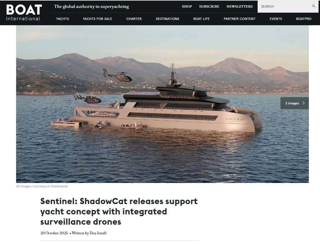 A large futuristic yacht with a sleek design on the water, accompanied by two helicopters flying nearby and a scenic mountainous background.